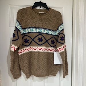 NWT brown floral embroidered fair isle sweater